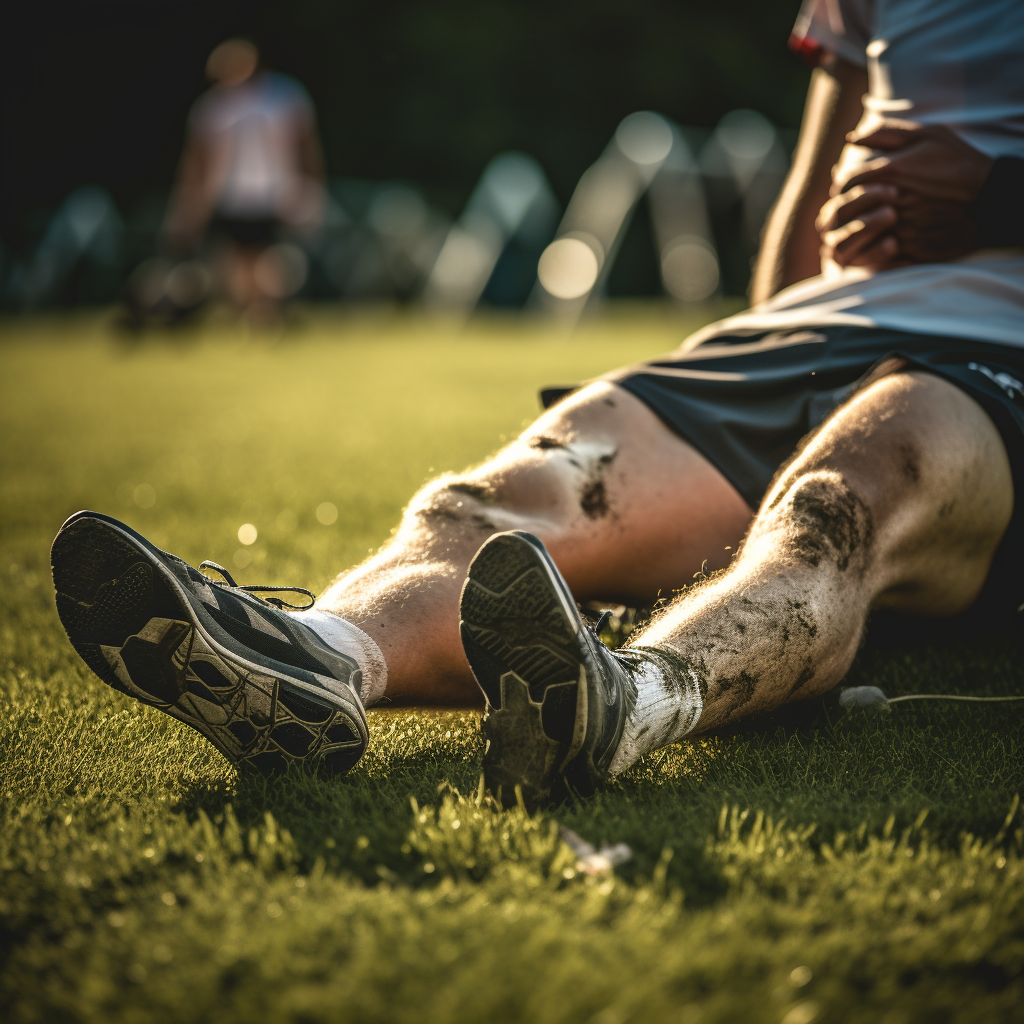 Exhausted runner lying on the grass with muddy legs and running shoes, post-race.